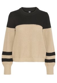 Pull en maille beige et noir avec un col rond, de larges poignets et des blocs de couleur horizontaux avec des rayures noires sur les manches.
