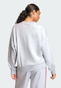 Felpa grigia con vestibilità comoda, polsini e orlo ribattuti. Presenta un logo tono su tono sul retro. Texture liscia con leggera lucentezza.