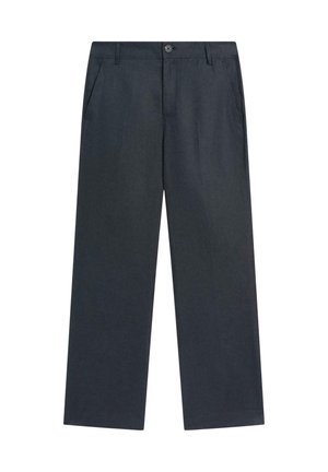 Tmavě šedé kalhoty s rovnými nohavicemi se zapínáním na knoflík a zip vpředu, s poutky na pásek a bočními kapsami.