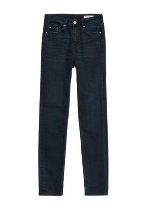 Tmavě modré úzké džíny z denimu se zipem, pěti kapsami, jemným vyblednutím a malými kovovými detaily v přední části.