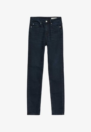 Dark blue denim skinny jeans with a zip fly, five pockets, subtle fading, and small metal hardware accents on the front.