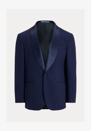 Granatowa marynarka męska do smokingu z satynowym kołnierzem szalowym, pojedynczym zapięciem na guzik oraz dwoma przednimi kieszeniami w paski, marki Polo Ralph Lauren.