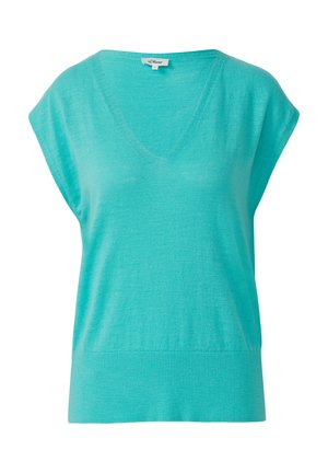 Top turquesa con escote en V y mangas cortas y amplias. Hecho de material ligero con textura acanalada en el dobladillo. Ajuste regular, diseño casual.
