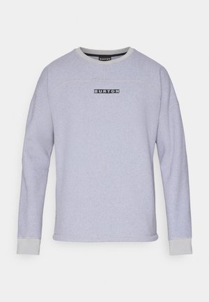 Light gray sweatshirt with a crew neck, long sleeves, and ribbed cuffs. Features a black "BURTON" logo on the front. Soft texture.