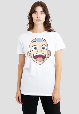 White cotton t-shirt featuring a large, printed cartoon face with big eyes and a blue arrow on the forehead, slim fit design.
