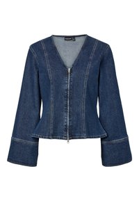 Tumesinine teksajakk, millel on V-kaelus, tõmblukuga sulgemine ja lehvikukujulised pikad varrukad kontrastse õmblusega ning peplumiäär.