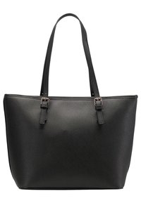 Czarna torba typu tote wykonana z teksturowanego syntetycznego materiału. Posiada dwa paski na ramię i srebrne elementy metalowe. Duży, usztywniany fason.