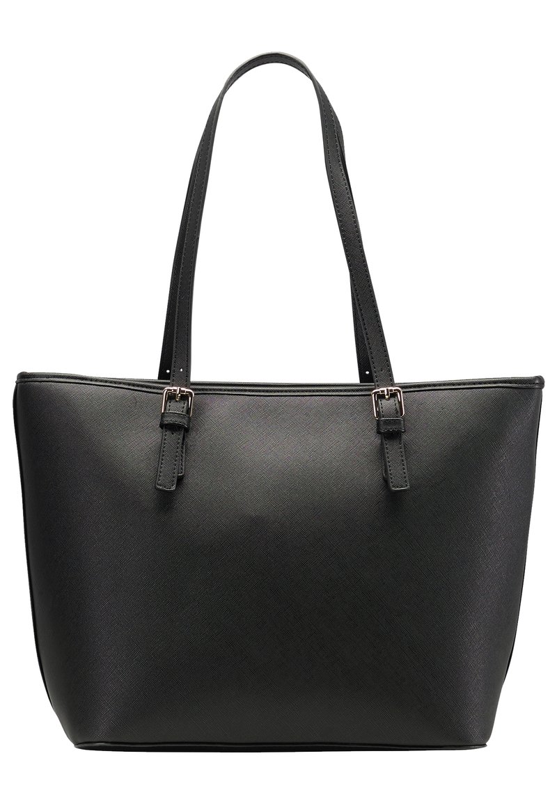 Czarna torba typu tote wykonana z teksturowanego syntetycznego materiału. Posiada dwa paski na ramię i srebrne elementy metalowe. Duży, usztywniany fason.