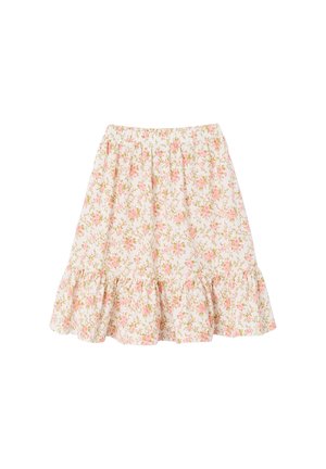 White skirt with pink and green floral pattern, elastic waistband, and ruffled hem.