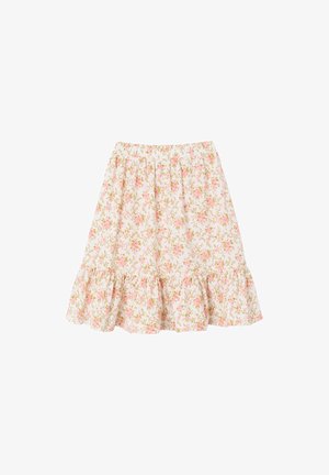 Weißer Rock mit rosa-grünem Blumenmuster, elastischem Bund und gerüschtem Saum.