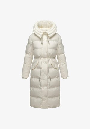 Krém színű puffermellény magas gallérral, állítható húzózsinórral és két elülső zsebbel. Kockázott textúra és patent gombos záródás jellemzi.