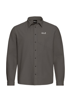 Camicia grigia scuro a maniche lunghe con bottoni, colletto, taschino con cerniera sul petto e logo bianco Jack Wolfskin sul lato sinistro del petto.