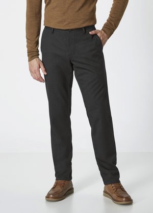 Gray tailored trousers with a smooth texture, featuring front pockets and a regular fit, paired with brown leather shoes.