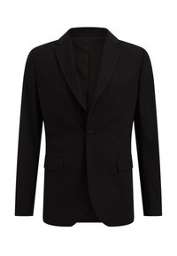 Svart kavaj i slät tyg, med en enkel knappknäppning, slagfickor och två framfickor. Inga synliga foder.