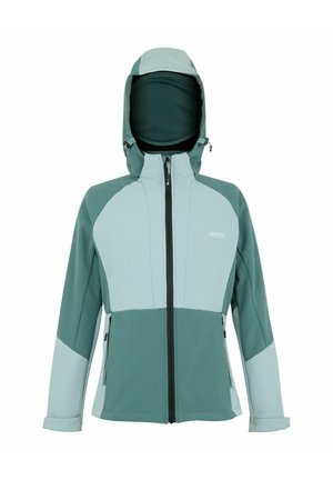 Hooded outdoor softshell jacket in light and dark green with full front zipper and zippered side pockets.