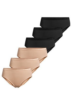 Sei mutandine da donna in cotone in due colori, tre nere e tre beige, disposte in modo sfalsato.