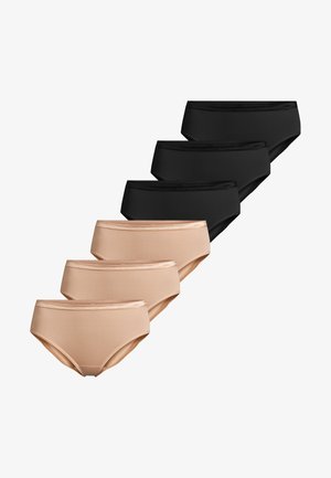 Seks kvinders bomuldsunderbukser i to farver, tre sorte og tre beige, vist i forskudt arrangement.