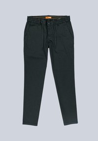 Chino pants in dark gray cotton blend with an elastic waistband and drawstring. Features side pockets and tapered leg design.