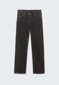 Jeans neri a gamba dritta in denim, con cuciture a vista, chiusura con bottoni e cinque tasche. Design classico, senza motivi.