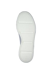 Semelle de sneaker en caoutchouc blanc avec un motif en chevrons, présentant une légère courbure et un détail de logo en relief près du talon.