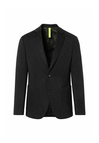 Zwart blazer voor heren met één knoop, notch revers, twee voorste patchzakken en een subtiel geruit patroon.