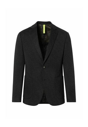 Schwarzer Ein-Knopf-Blazer für Männer mit Reverskragen, zwei vorderen aufgesetzten Taschen und dezentem Karomuster.