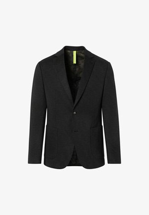 Zwart blazer voor heren met één knoop, notch revers, twee voorste patchzakken en een subtiel geruit patroon.