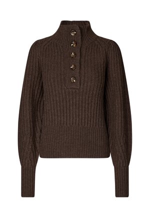 Brązowy sweter z prążkowanego dzianiny z wysokim kołnierzem, czterema guzikami oraz długimi balonowymi rękawami. Teksturowany materiał o dopasowanym kroju.