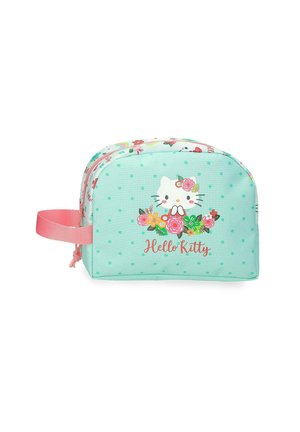 Pequeña bolsa azul claro con asa rosa, decorada con la cara de Hello Kitty, flores y el texto "Hello Kitty" en el frente.