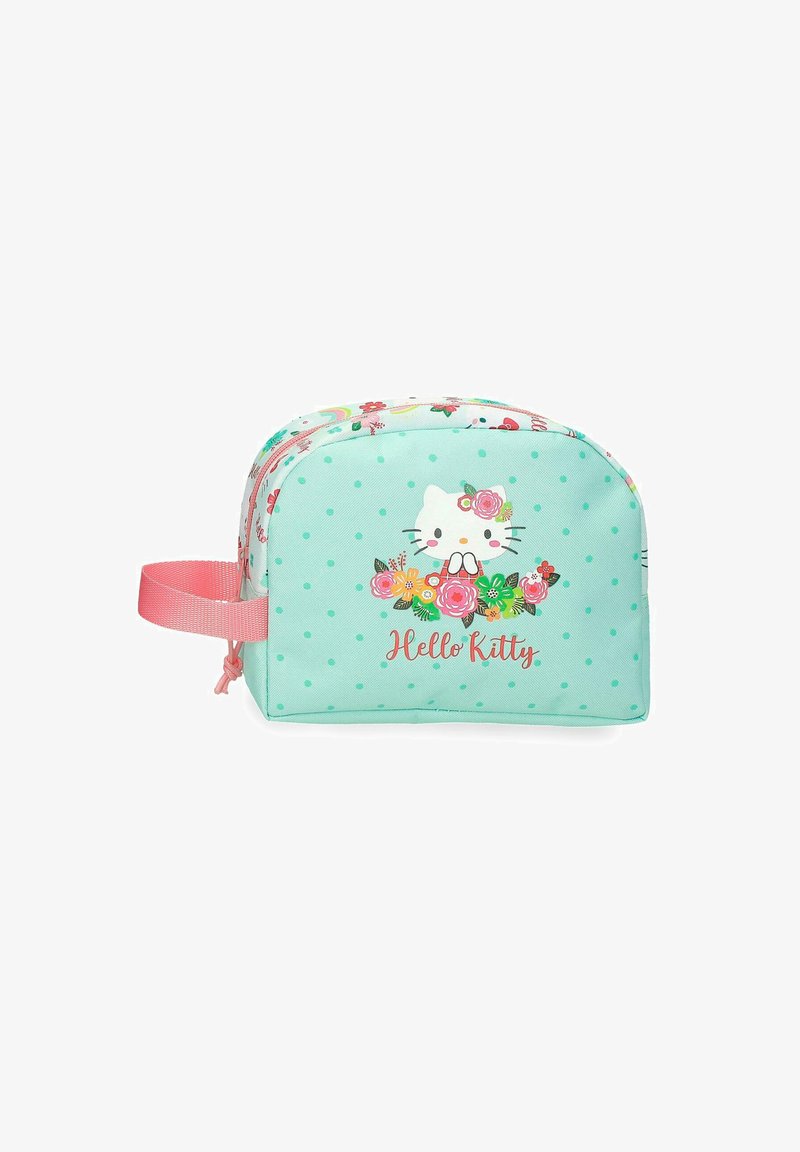 Pequeña bolsa azul claro con asa rosa, decorada con la cara de Hello Kitty, flores y el texto "Hello Kitty" en el frente.