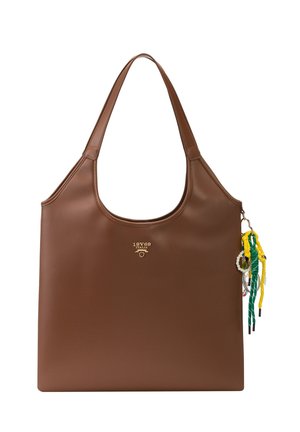 Bruine leren handtas met een brede schouderband, gouden "19V69 Italia" logo en een kleurrijke gevlochten sleutelhanger aan de zijkant bevestigd.