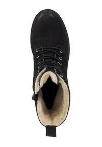 Black ankle boots made of suede, featuring a fur lining, flat laces, and a side zipper for easy wear. Rounded toe shape.