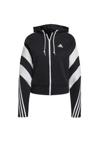 Sweat à capuche zippé Adidas noir et blanc avec capuche, cordons, motifs diagonaux blancs et triple bande sur les manches, logo Adidas sur la poitrine.