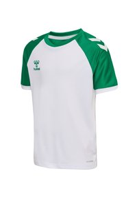 Kortærmet sportst-shirt med hvid krop og grønne raglanærmer. Har rund hals og en logo på brystet. Glat stof.