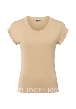 Beige Kurzarm-Stricktop mit Rundhalsausschnitt und wiederholt am unteren Saum aufgedrucktem "JOOP!".