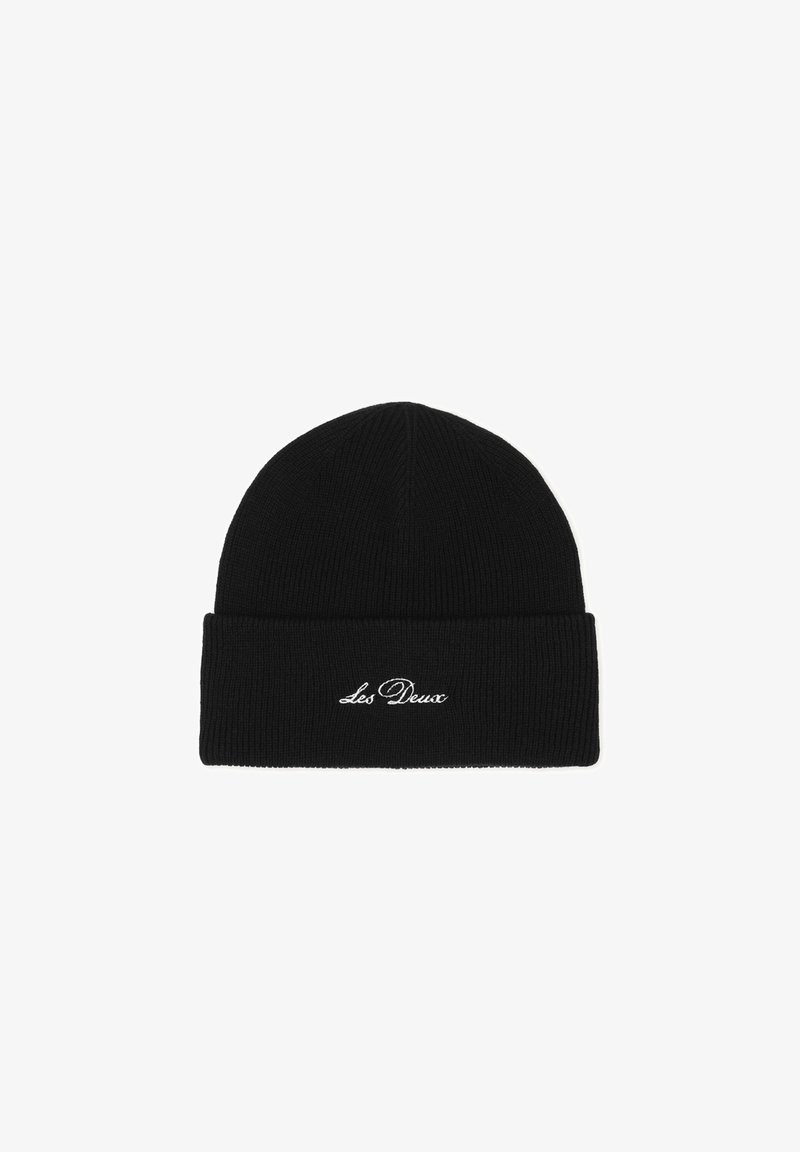 Bonnet noir en maille avec un revers, présentant un texte brodé blanc "Les Deux" au centre à l'avant.