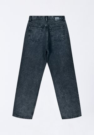 Dunkelgraue Jeans aus Denim mit geradem Schnitt, sichtbaren Nähten, zwei Gesäßtaschen und einem Etikett am Bund.