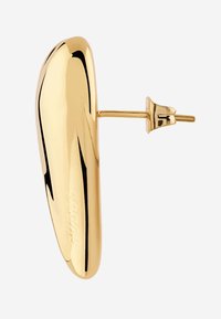 Kolczyk z metalu w złotym odcieniu o wydłużonym, zakrzywionym kształcie i gładkiej, refleksyjnej powierzchni. Posiada sztyft z zapięciem zapewniającym bezpieczne noszenie.