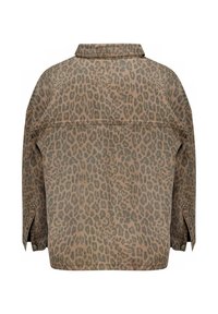 Chemise surdimensionnée en imprimé léopard avec un col, dans des tons de marron et de vert, avec des fentes latérales et une coupe décontractée.