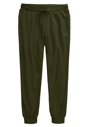 Dunkelgrüne Sweatpants mit elastischem Bund und verstellbarem Drawstring. Bündchen an den Knöcheln, weiche Textur und kleines Logodetail am Oberschenkel.