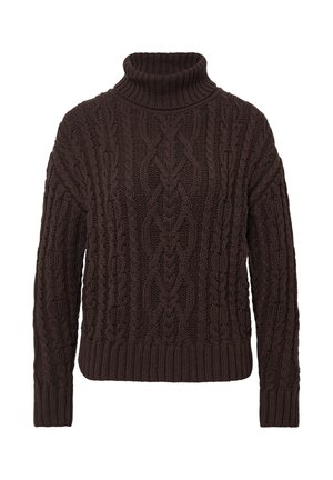 Pull à col montant en tricot torsadé de couleur brun foncé. Tissu épais et texturé avec des poignets et un ourlet côtelés. Comprend un col haut et des manches longues.