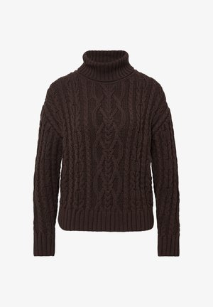 Sweter z golfem o splocie kablowym w ciemnym brązie. Gruby, teksturowany materiał z prążkowanymi mankietami i dołem. Posiada wysoki kołnierz i długie rękawy.