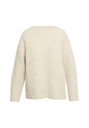 Groboknitani krem pulover s širokim izrezom, spuštenimi rameni in rebrastimi manžetami. Tekstura vsebuje vertikalne in diagonalne vzorce.