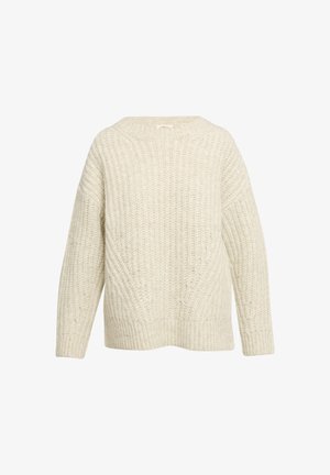 Kräftig gestrickter cremefarbener Pullover mit weitem Ausschnitt, überschnittenen Schultern und gerippten Bündchen. Die Textur weist vertikale und diagonale Muster auf.