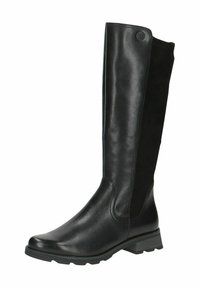Bottes noires jusqu'aux genoux avec un empeigne en cuir lisse, un dos en suède, un bout arrondi et un talon épais avec une semelle texturée pour une meilleure adhérence.