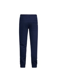 Marineblaue Jogginghose aus weichem Material, mit schlankem Schnitt, elastischem Bund und einer einzelnen Gesäßtasche.