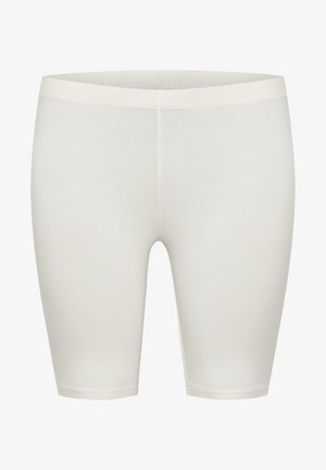 Svetlo obarvane, hlače do kolen iz elastičnega materiala z elastiko v pasu, s gladko teksturo in brez vidnih šivov ali vzorcev.