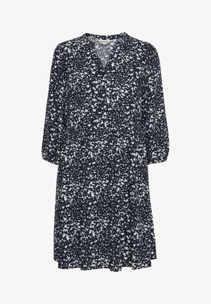 Vestido azul marino con patrones abstractos blancos, con un cierre frontal de botones, mangas largas y una cintura ajustada que da lugar a una falda acampanada.