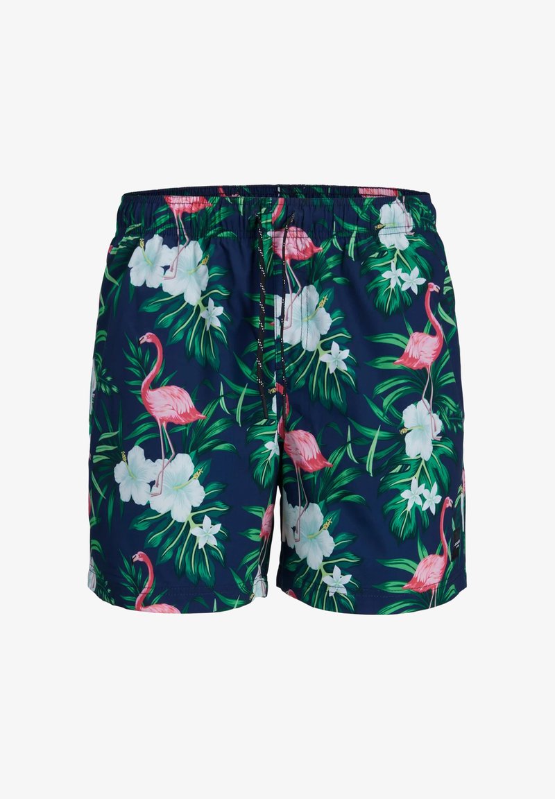 Șorturi de baie pentru bărbați, de culoare bleumarin, cu un model tropical ce include flamingo roz și flori albe. Fabricate dintr-un material ușor, cu un elastic la talie.