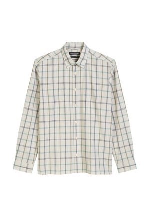 Langärmliges Hemd mit Knöpfen aus einem leichten, gewebten Stoff. Verfügt über ein kariertes Muster in Beige, Blau und Grün, mit einem klassischen Kragen.